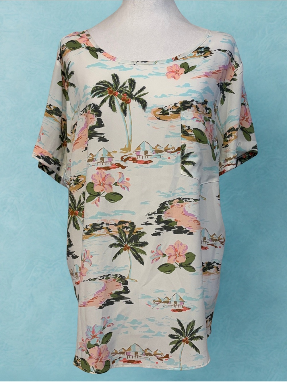 Lauren Conrad Tropical Floral Beach Print Women's Blouse White/Pink Size XXL